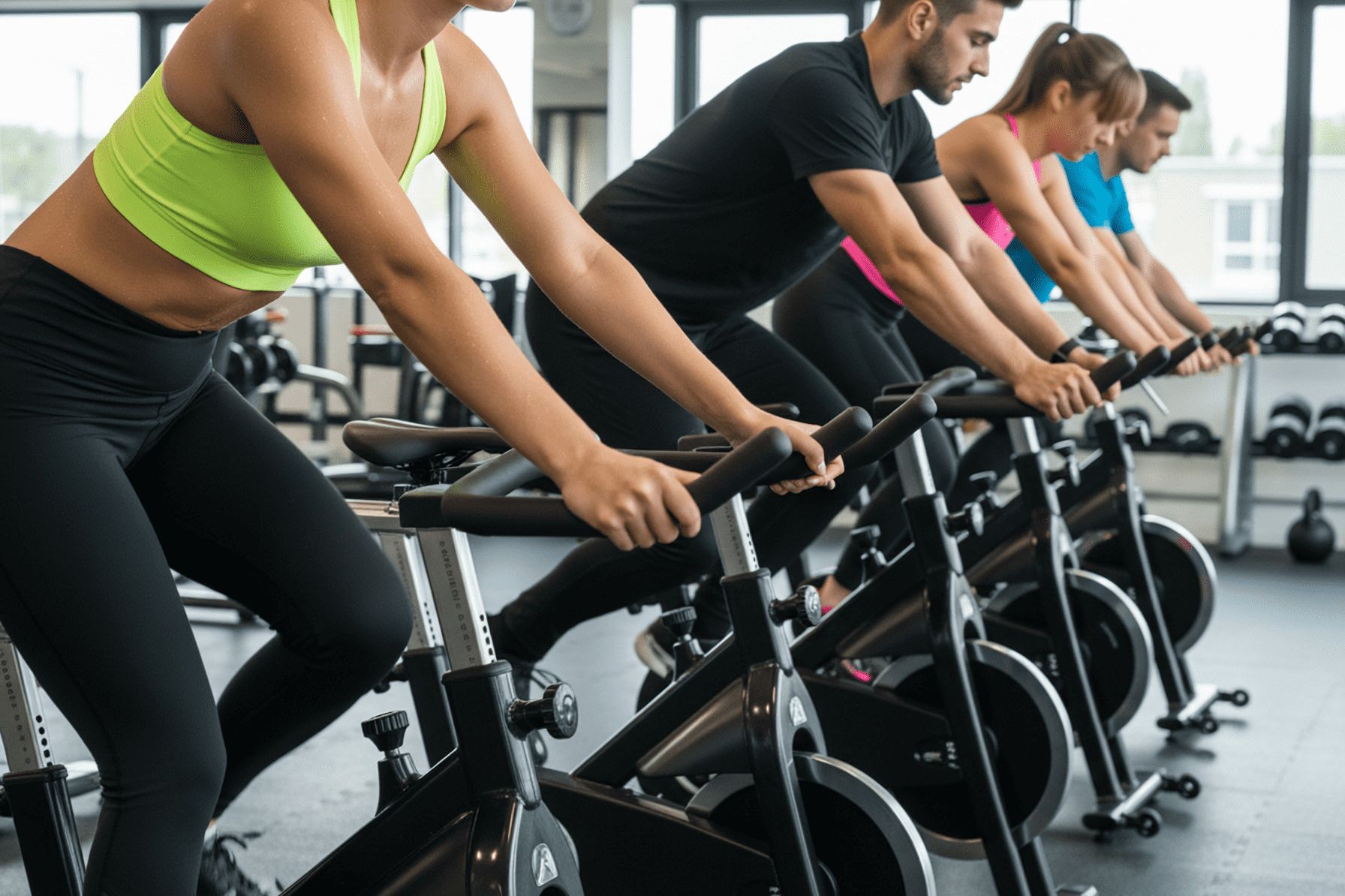 Rabenberg Sportkurse: Ergometer-Circuit Auf dem Bild sind mehrere Personen auf stationären Fahrrädern in einem Fitnessstudio zu sehen. Die erste Person im Vordergrund ist eine Frau, die ein neongrünes Sport-BH und schwarze Leggings trägt. Die Frau und die anderen Personen schwitzen. Hinter ihr sitzen weitere Personen auf den Fahrrädern. Die Leute sind alle nach vorne gebeugt und greifen die Griffe. Das Fitnessstudio ist hell und sauber mit Fenstern im Hintergrund und einige Gewichte an der Wand.