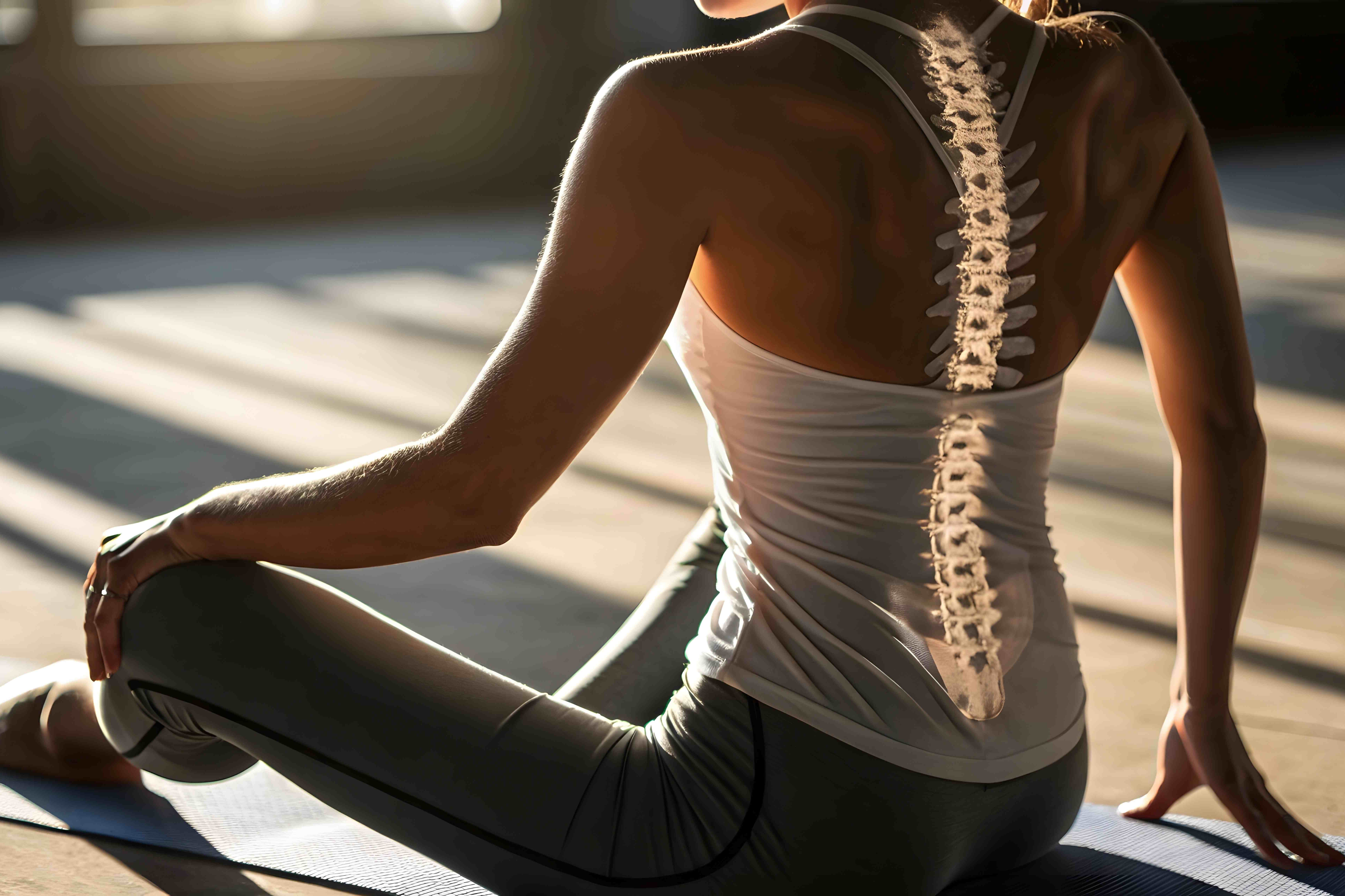 Rabenberg Sportkurse: Flexispine Flow Eine Frau sitzt im Schneidersitz auf einer Yogamatte. Über ihrem Rücken ist das Skelett der Wirbelsäule hervorgehoben. Sie trägt ein weißes Tanktop und eine graue Leggings. Das Licht fällt von oben links auf sie und wirft Schatten auf den Boden.