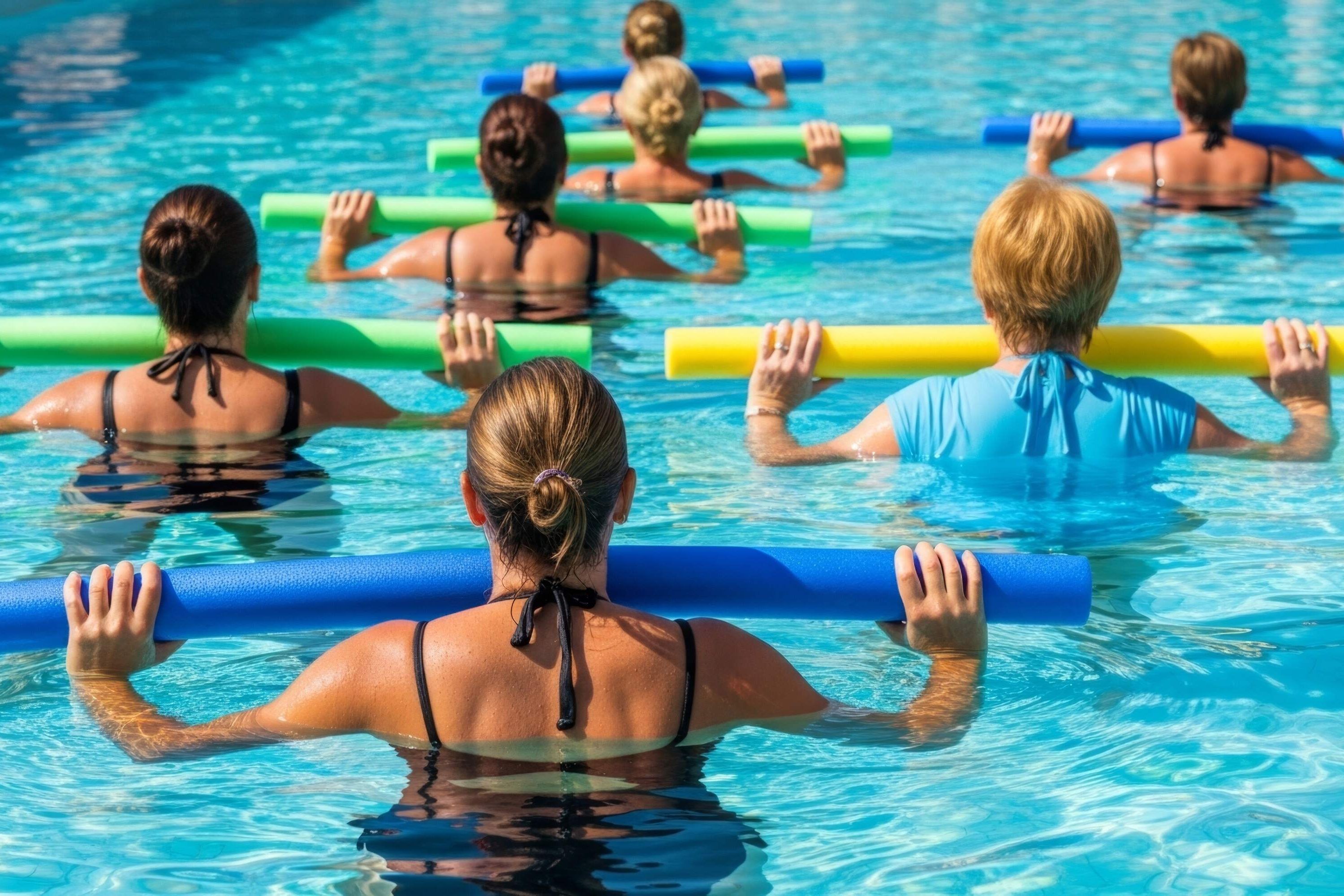 Rabenberg Sportkurse: Aqua-Run Das Bild zeigt eine Gruppe von Frauen, die Wassergymnastik in einem Pool treiben. Sie stehen im Wasser und halten bunte Schaumstoffnudeln vor sich. Das Wasser ist blau und die Sonne scheint auf die Frauen. Die meisten Frauen haben dunkle Haare, eine Frau hat blonde Haare. Sie tragen Badekleidung.