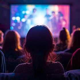 Heimkino-Abend Das Bild zeigt eine Gruppe von Kindern, die scheinbar einen Film auf einer großen Leinwand ansehen. Die Kinder sind von hinten zu sehen, mit dem Fokus auf ihren Köpfen und Schultern. Die Leinwand ist hell und farbenfroh, mit Lichtern und Figuren, die den Film darstellen. Die Kinder sitzen auf einer Couch und blicken auf die Leinwand. Die Beleuchtung im Raum ist gedämpft, mit einem blauen und violetten Farbton, der die Atmosphäre eines Heimkinos erzeugt.