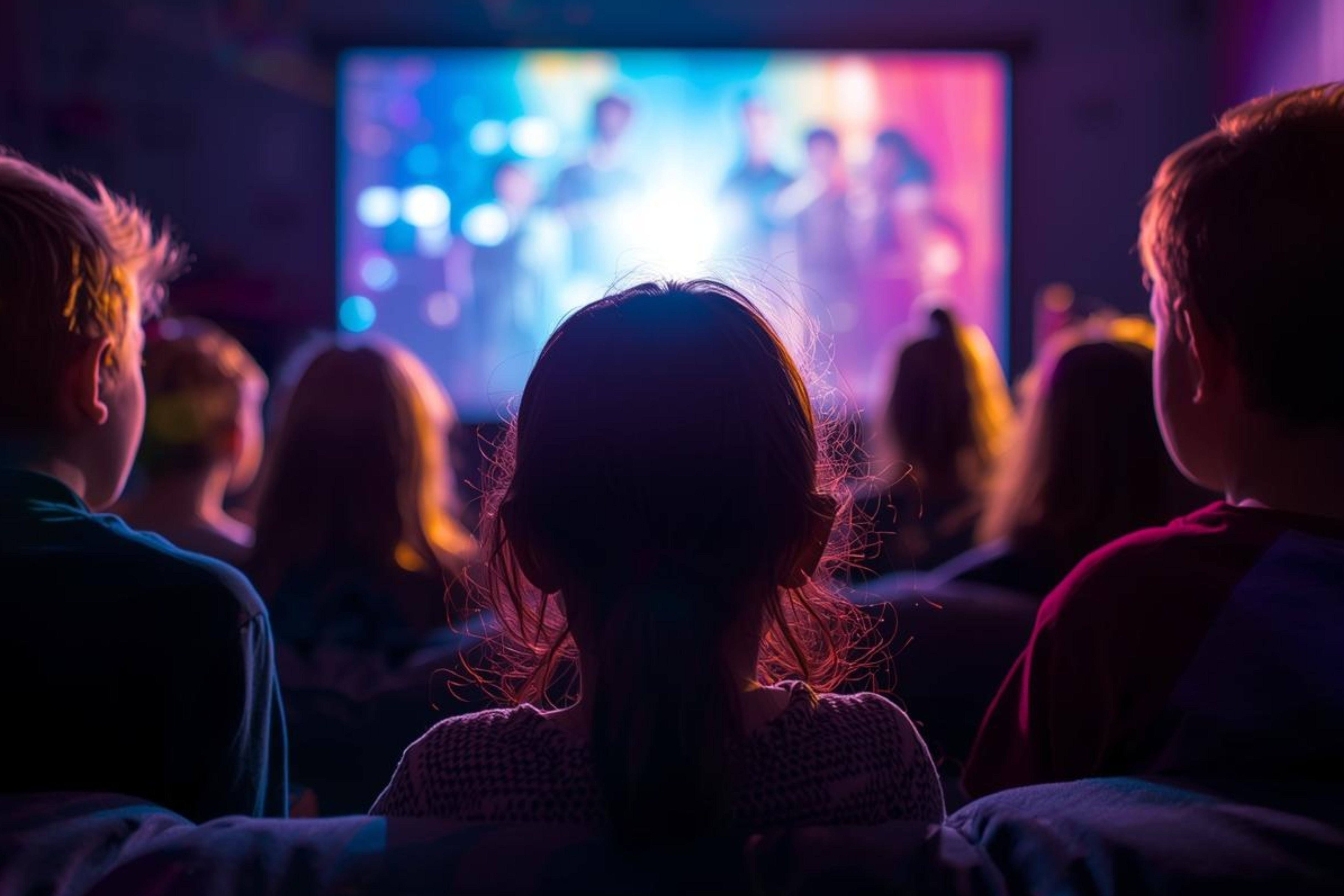 Heimkino-Abend Das Bild zeigt eine Gruppe von Kindern, die scheinbar einen Film auf einer großen Leinwand ansehen. Die Kinder sind von hinten zu sehen, mit dem Fokus auf ihren Köpfen und Schultern. Die Leinwand ist hell und farbenfroh, mit Lichtern und Figuren, die den Film darstellen. Die Kinder sitzen auf einer Couch und blicken auf die Leinwand. Die Beleuchtung im Raum ist gedämpft, mit einem blauen und violetten Farbton, der die Atmosphäre eines Heimkinos erzeugt.