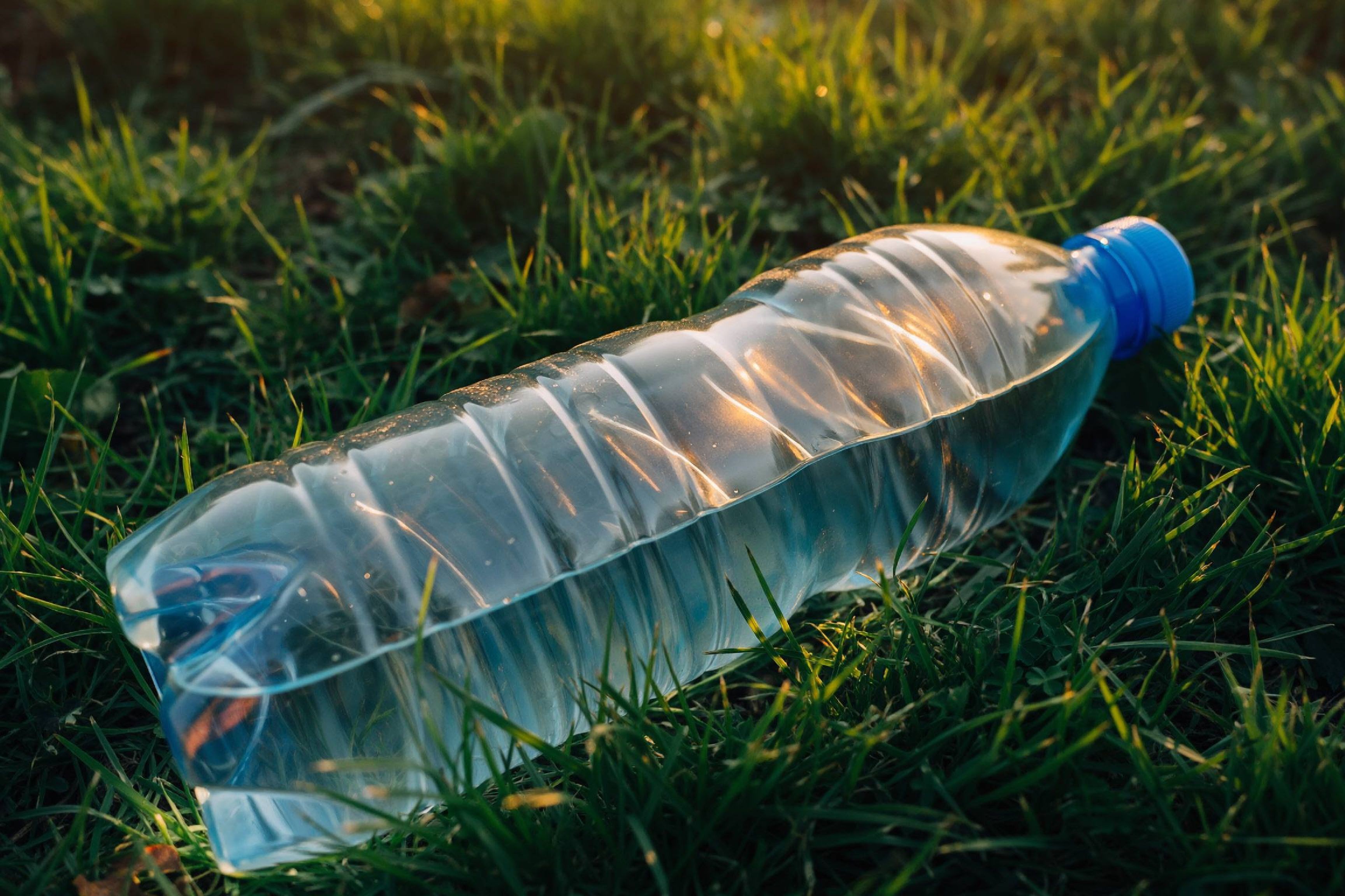 Wasserflasche Das Foto zeigt eine durchsichtige Plastikwasserflasche, die auf einer grünen Wiese liegt. Der Deckel der Flasche ist blau. Die Sonne scheint auf die Flasche und das Gras, wodurch Reflexionen und Schatten entstehen. Das Gras ist dicht und grün, und die Sonne scheint es golden zu färben.