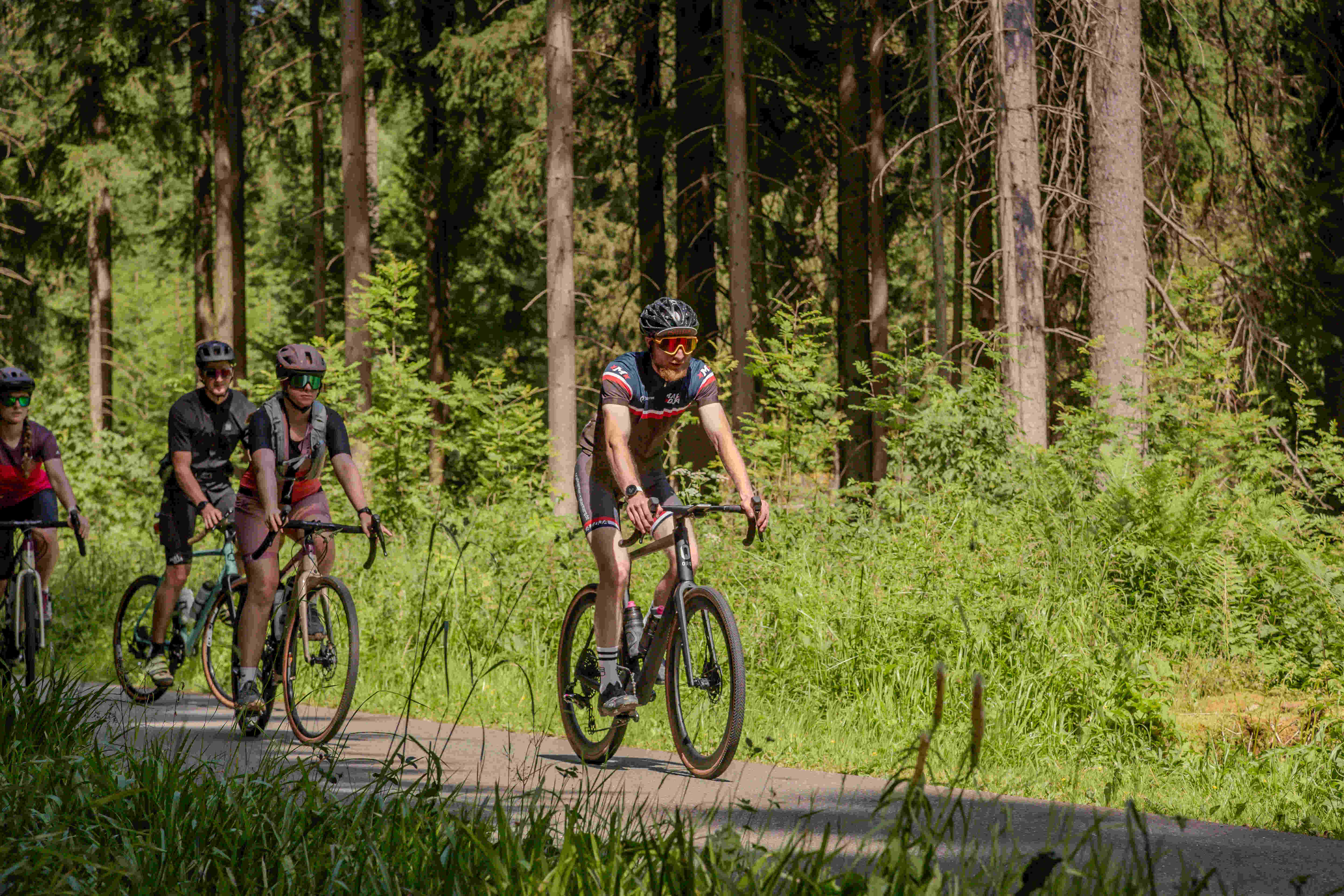 Rabenberg Sportkurse: Biketour Das Bild zeigt eine Gruppe von Radfahrern, die auf einem asphaltierten Weg durch einen Wald fahren. Die Radfahrer tragen Helme und Sportkleidung. Im Hintergrund sind hohe Bäume und grünes Gras zu sehen. Der Himmel ist blau und sonnig.