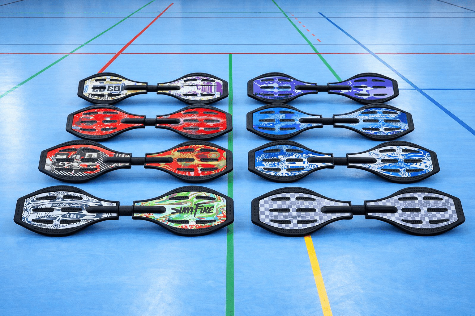 Rabenberg Sportkurse: Waveboard Das Bild zeigt acht Waveboards auf einem blauen Sporthallenboden. Die Waveboards sind in zwei Reihen angeordnet. Jedes Board hat eine andere Farbe und Grafik. Im Hintergrund sind Linien des Sportbodens zu sehen.